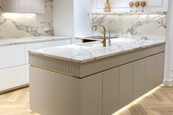 Bespoke Neo-Contemporary Kitchen: White & Grey-Beige Fluted Joinery