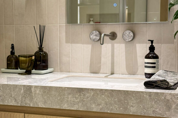 Custom Floating Vanity | Double-Sink Cabinetry & Ambient Under-Cabinet Lighting 14 14 1