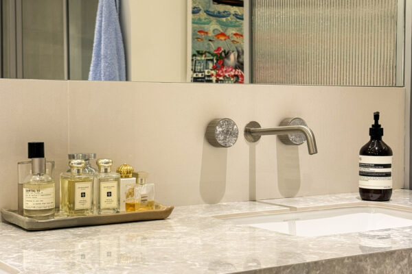 Alternative view of Custom Floating Vanity | Double-Sink Cabinetry & Ambient Under-Cabinet Lighting