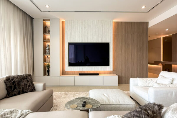 Modern Living Room TV Wall | Integrated Oak Paneling & Minimalist Cabinetry