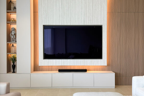 Alternative view of Modern Living Room TV Wall | Integrated Oak Paneling & Minimalist Cabinetry