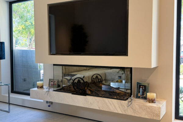 Alternative view of Sleek Media Center Design | Minimalist Plastered Wall & Natural Marble Accent