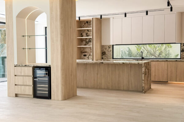 Modern Luxury Kitchen Design | Fluted Wood Island & Arched Beverage Center