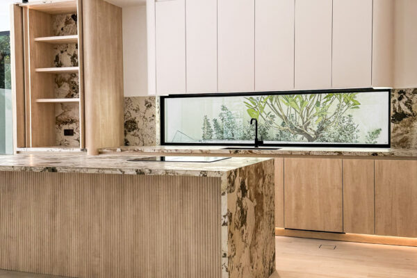 Alternative view of Modern Luxury Kitchen Design | Fluted Wood Island & Arched Beverage Center