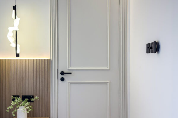 Classic Contemporary Interior Door | Fluted Wood Slat Wall & Accent Lighting