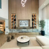 Double-Height Luxury Living Room | Bespoke Wood TV Unit & Marble Accent
