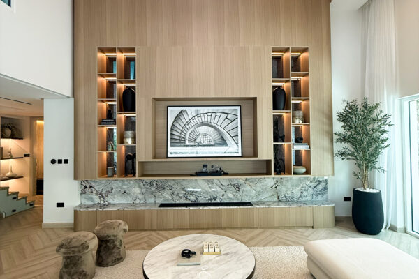 Double-Height Luxury Living Room | Bespoke Wood TV Unit & Marble Accent