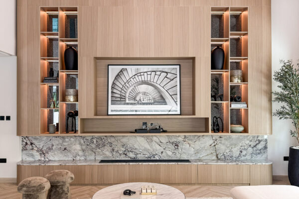 Alternative view of Double-Height Luxury Living Room | Bespoke Wood TV Unit & Marble Accent