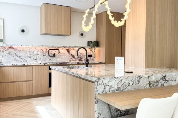 Alternative view of High-End Oak Kitchen Layout | Bespoke Marble Island with Seating