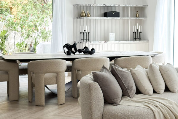 Luxurious Modern Open-Concept Living with Glass Doors & Bouclé Furniture