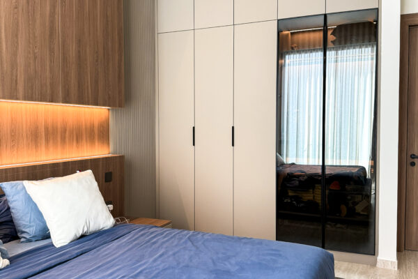 Alternative view of Modern Master Bedroom Suite | Integrated Wood Joinery, Hidden Door & Study Nook