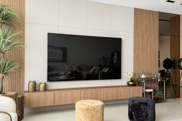 Alternative view of Bespoke TV Wall Unit Inspiration | Fluted Wood Panels & Crystal Chandelier