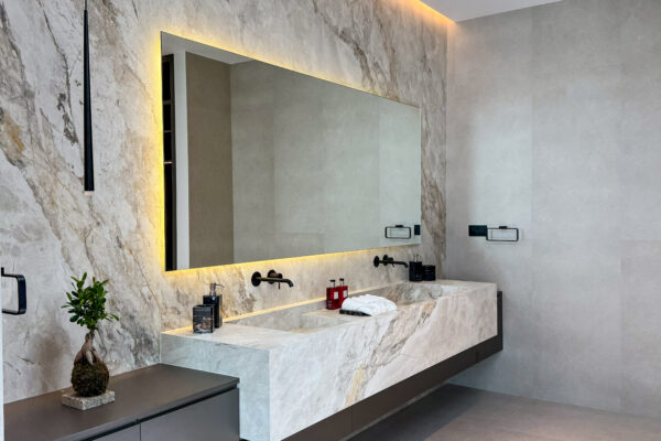 Alternative view of Luxury Marble Bathroom Vanity | Integrated Double Sink & LED Backlit Mirror