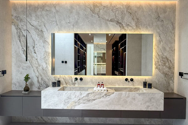 Luxury Marble Bathroom Vanity | Integrated Double Sink & LED Backlit Mirror