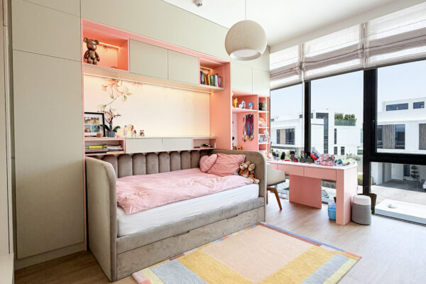 Luxury Kids Bedroom Ideas | Custom Pink & Grey Built-In Storage with Integrated Study Desk