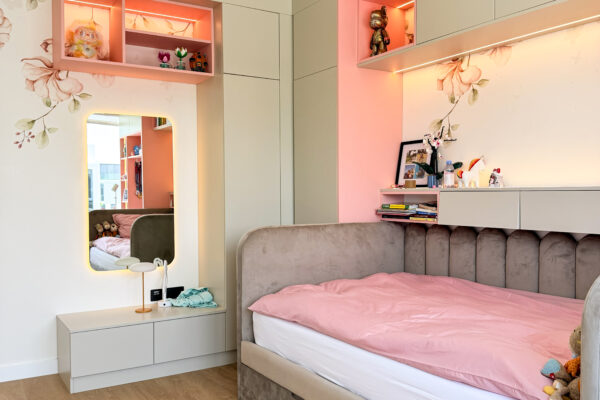 Alternative view of Luxury Kids Bedroom Ideas | Custom Pink & Grey Built-In Storage with Integrated Study Desk