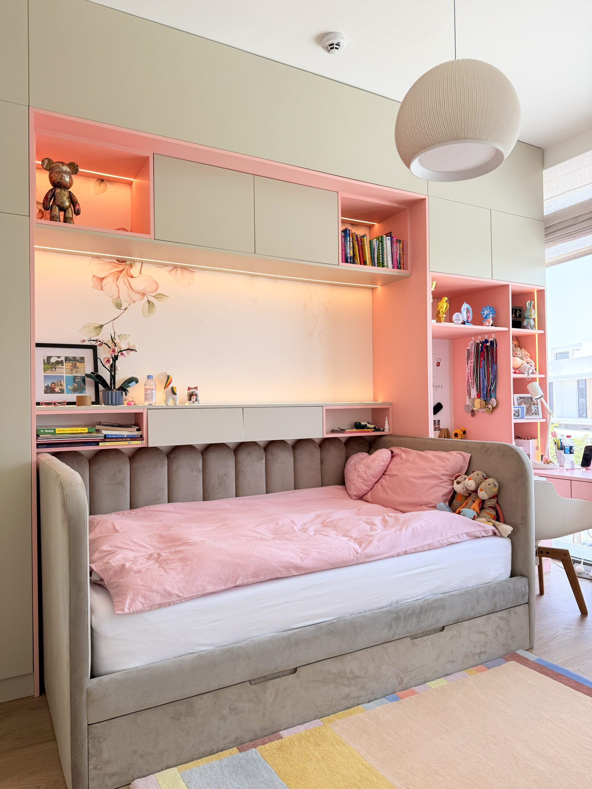 Luxury Kids Bedroom Ideas | Custom Pink & Grey Built-In Storage with Integrated Study Desk 4 Luxury Kids Bedroom Ideas | Custom Pink & Grey Built-In Storage with Integrated Study Desk - Image 3