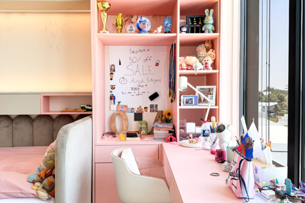 Luxury Kids Bedroom Ideas | Custom Pink & Grey Built-In Storage with Integrated Study Desk 11 IMG 5768