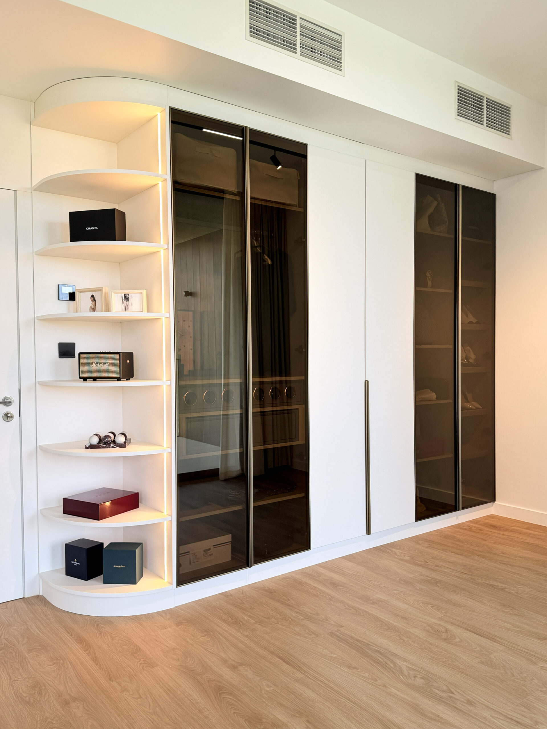 Bespoke Bedroom Wardrobe & Floating Nightstand | Tinted Glass Closets & LED Lighting 2 Bespoke Bedroom Wardrobe & Floating Nightstand | Tinted Glass Closets & LED Lighting
