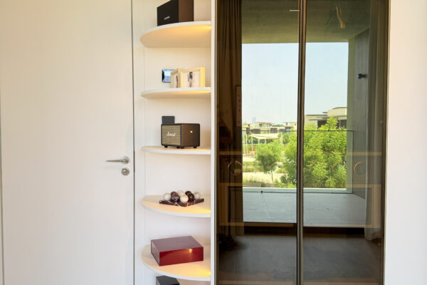 Alternative view of Bespoke Bedroom Wardrobe & Floating Nightstand | Tinted Glass Closets & LED Lighting