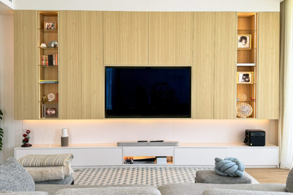 Minimalist TV Feature Wall Design | Custom Light Oak Joinery & LED Display