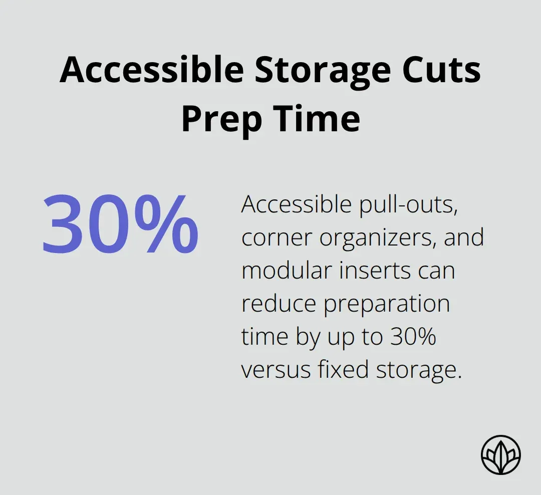 Single-stat graphic highlighting a 30% reduction in kitchen preparation time with accessible storage.