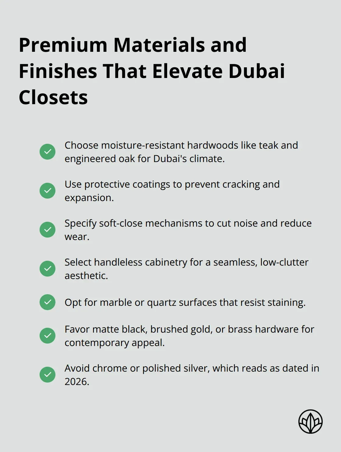 Checklist of luxury material and finish choices for bespoke Dubai walk-in closets - custom walk-in closet dubai