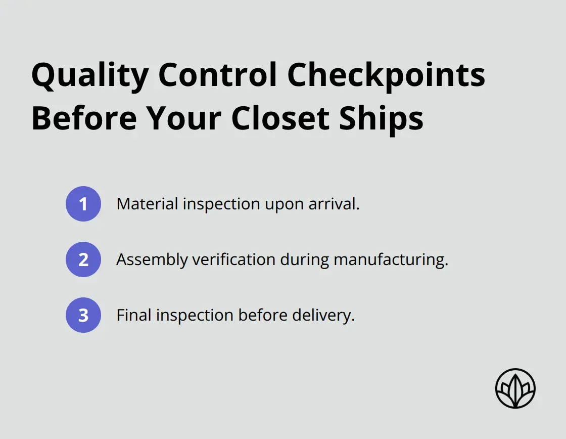Ordered list of the three quality control stages for bespoke closets in the UAE - custom walk-in closet dubai