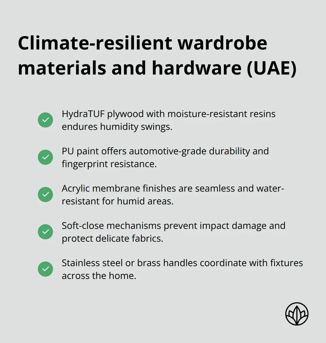 Checklist of moisture-resistant materials, durable finishes, and protective hardware for Dubai wardrobes - designer wardrobes dubai