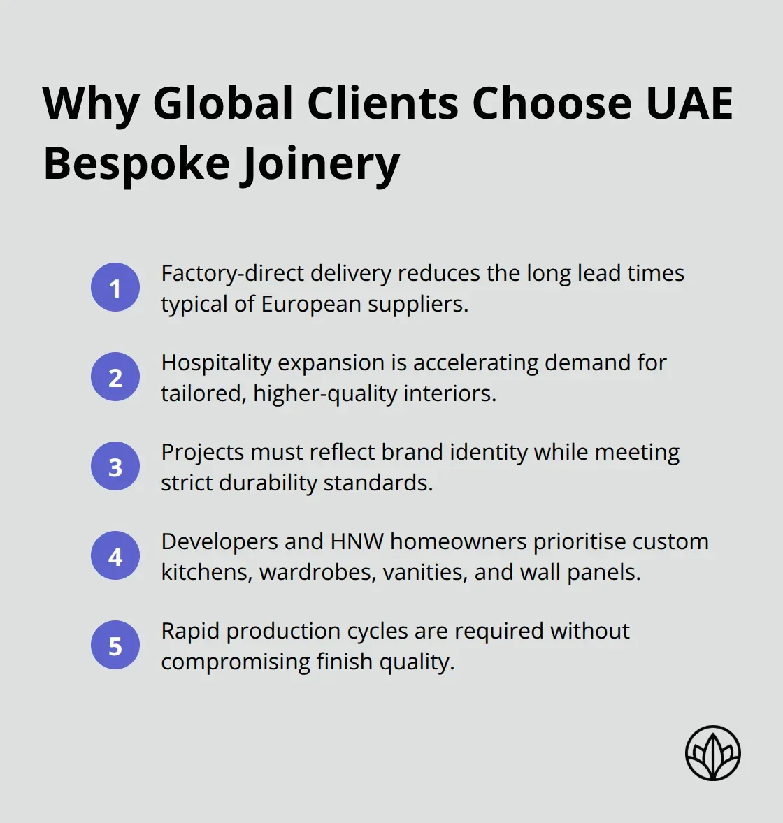 Compact list of key reasons luxury clients source custom joinery from the UAE - export joinery dubai