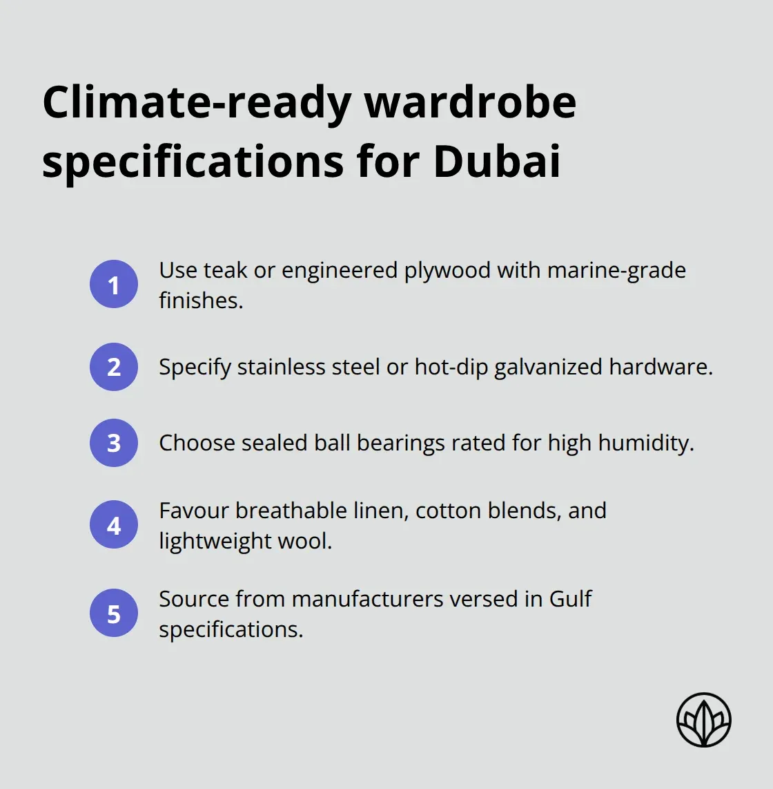 Compact list of materials and component specifications that withstand Dubai’s climate.