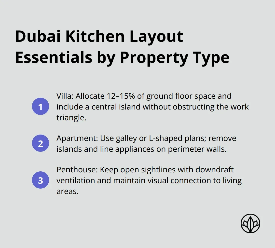 Ordered list summarising layout guidance for villa, apartment, and penthouse kitchens in Dubai - luxury kitchen design dubai