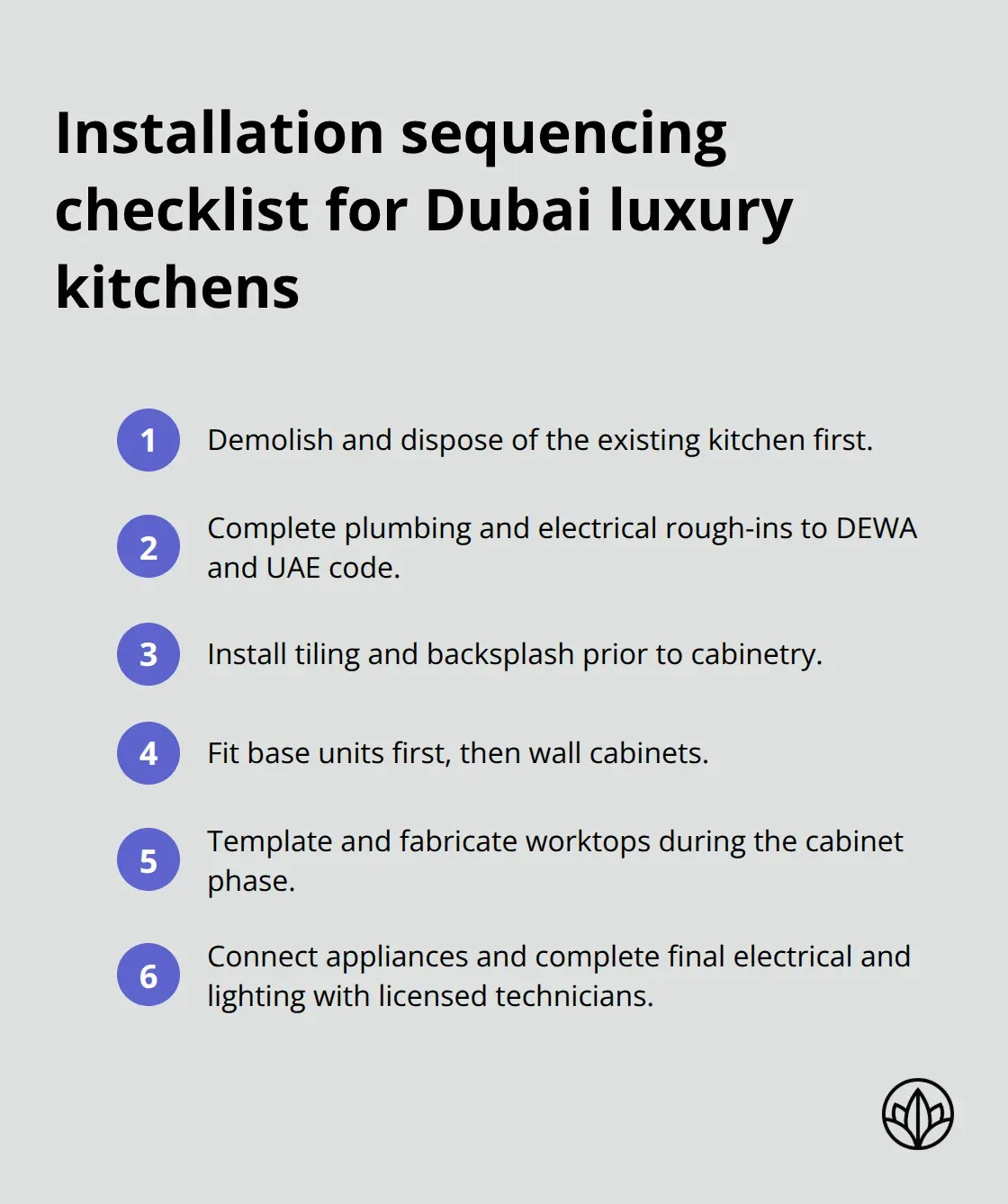 Ordered checklist of key installation steps for Dubai kitchen renovations - luxury kitchen renovation dubai