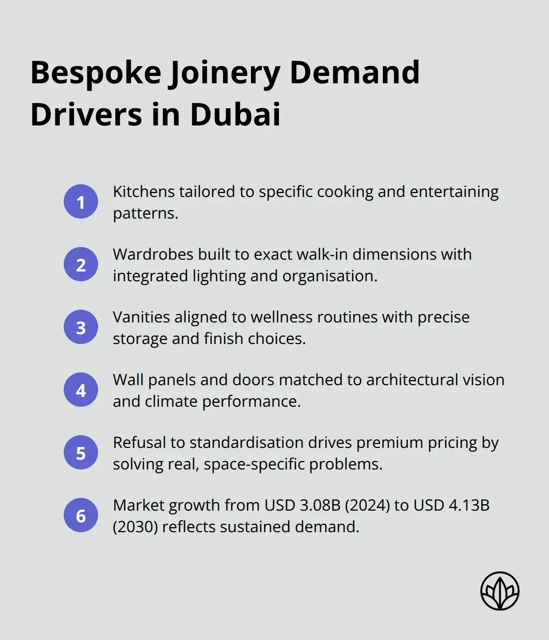 Compact list summarising why Dubai’s luxury market chooses bespoke joinery.