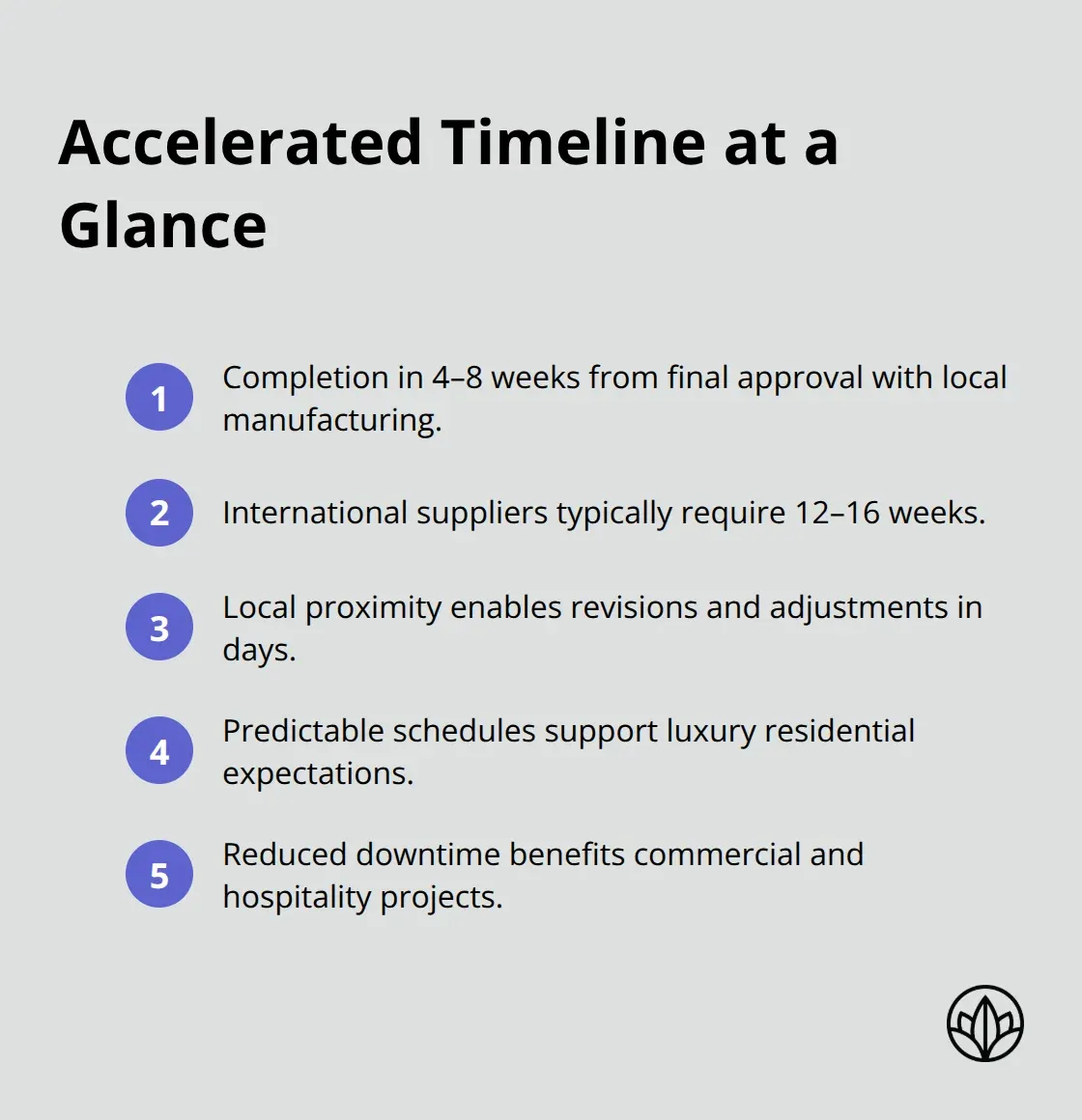 Compact ordered list comparing UAE local manufacturing timelines with international suppliers and highlighting revision speed. - made in UAE kitchens