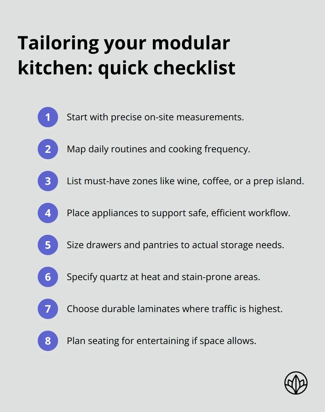 Compact ordered list of steps to customise a Dubai modular kitchen to space and lifestyle