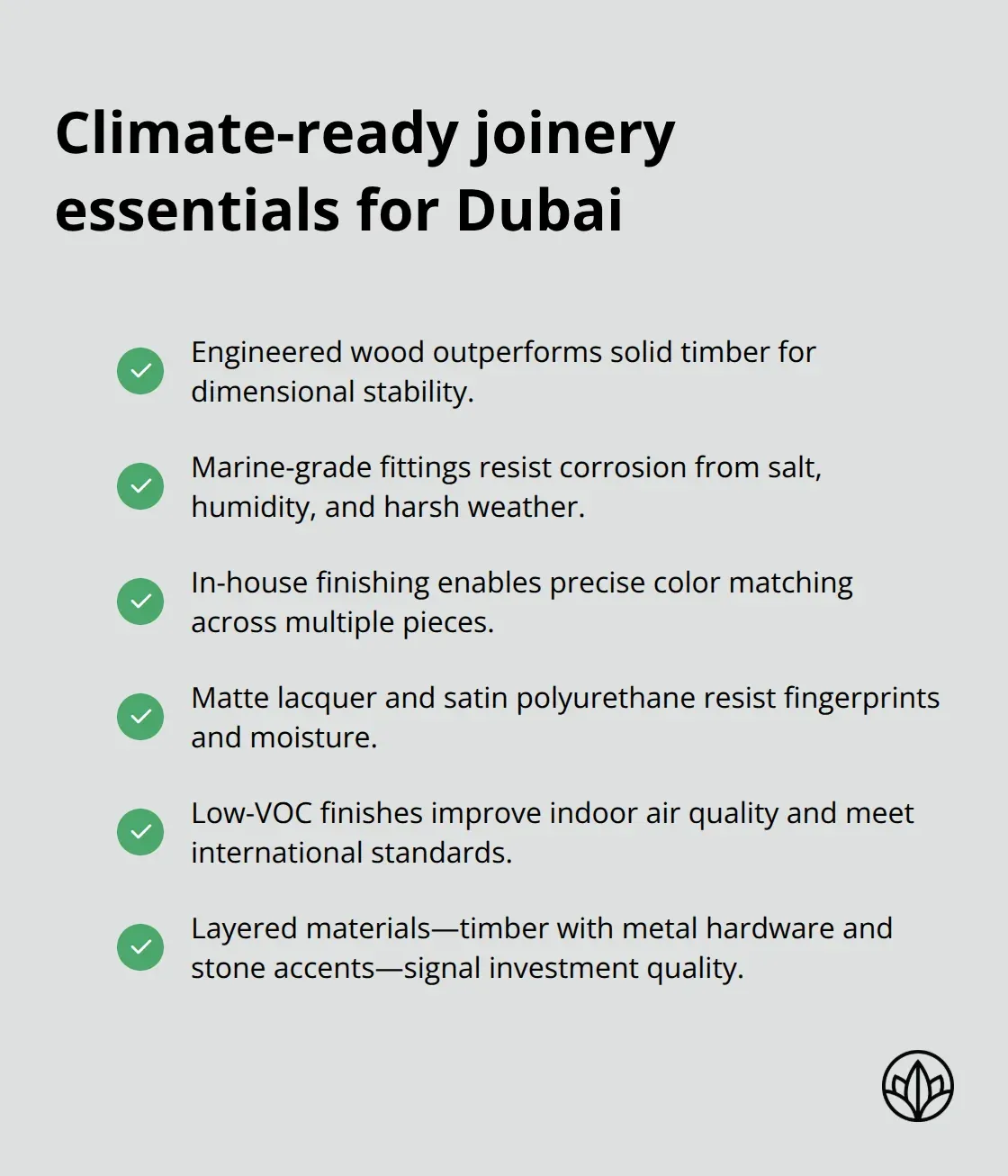 Key material and finish standards for premium joinery in the UAE climate - premium interior joinery dubai