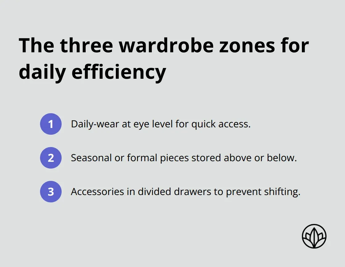 Overview of daily-wear, seasonal/formal, and accessories zones in custom wardrobes